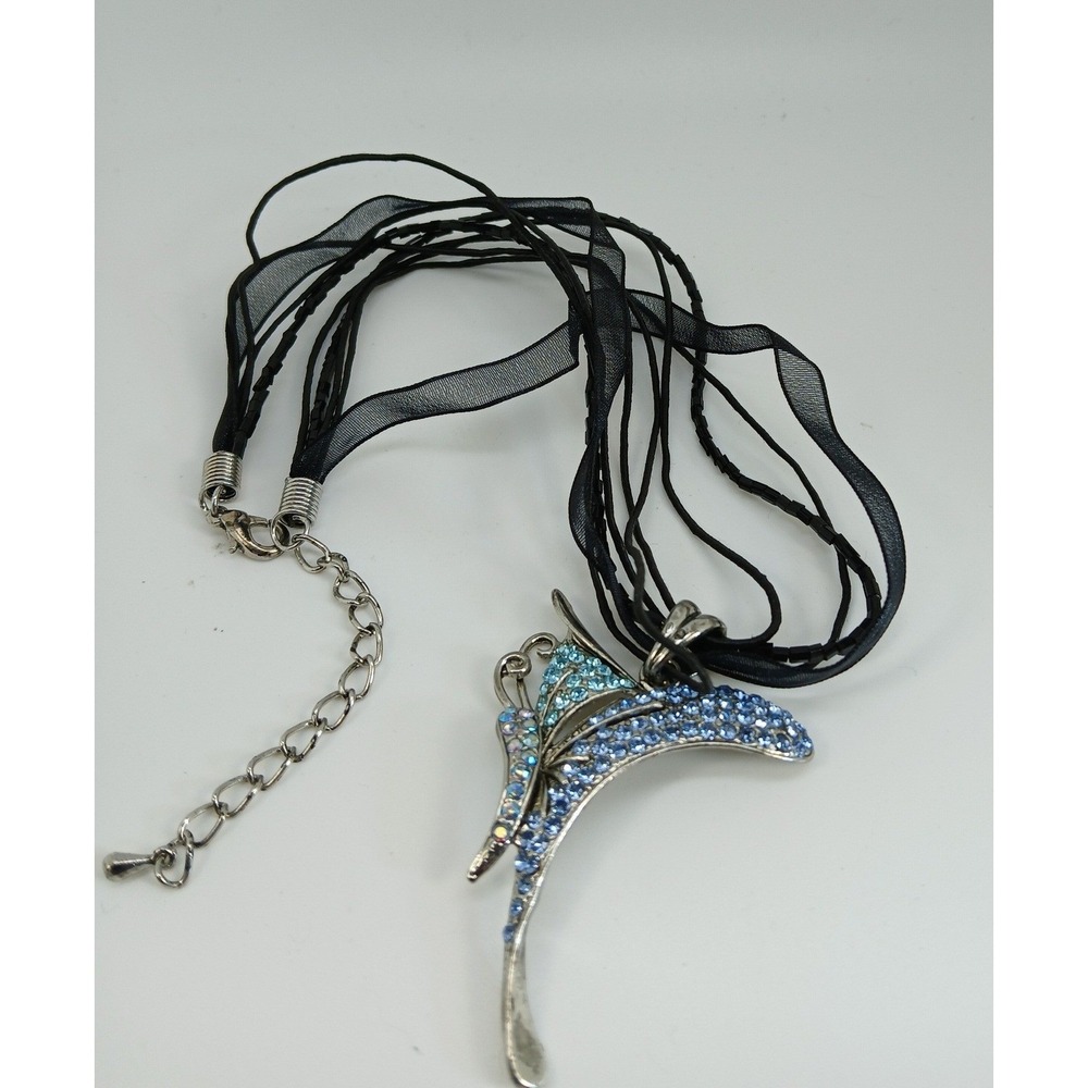 Blue Rhinestone Butterfly Pendant Multi Strand Black Ribbon Necklace Chocker NOS - Picture 17 of 17